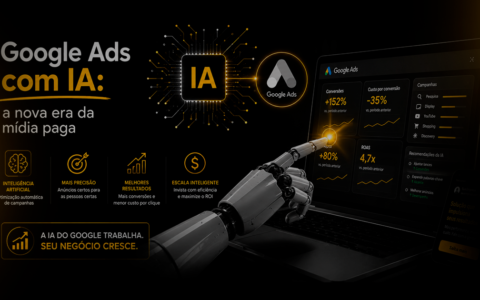 Imagem ilustrativa sobre Google Ads com IA, mostrando automação, inteligência artificial e painel de performance de campanhas de mídia paga.