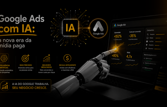 Imagem ilustrativa sobre Google Ads com IA, mostrando automação, inteligência artificial e painel de performance de campanhas de mídia paga.