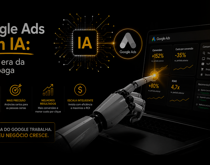 Imagem ilustrativa sobre Google Ads com IA, mostrando automação, inteligência artificial e painel de performance de campanhas de mídia paga.