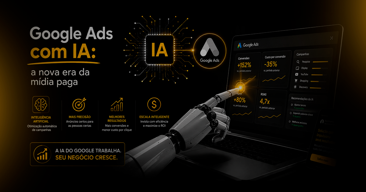 Imagem ilustrativa sobre Google Ads com IA, mostrando automação, inteligência artificial e painel de performance de campanhas de mídia paga.