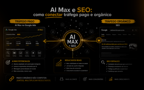 Imagem ilustrativa sobre AI Max e SEO, mostrando a conexão entre tráfego pago, tráfego orgânico e inteligência artificial para melhorar campanhas de Google Ads.
