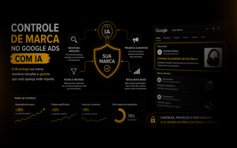 Infográfico sobre controle de marca no Google Ads com IA, monitoramento de menções e desempenho das campanhas.
