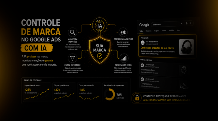 Infográfico sobre controle de marca no Google Ads com IA, monitoramento de menções e desempenho das campanhas.