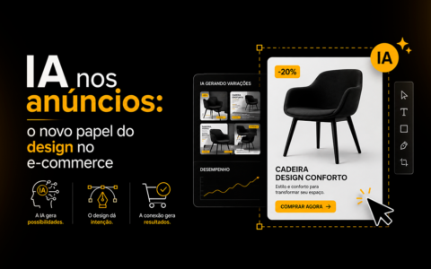 Criativos com IA no e-commerce: imagem mostra anúncio de produto gerado em variações com inteligência artificial e direção de design.