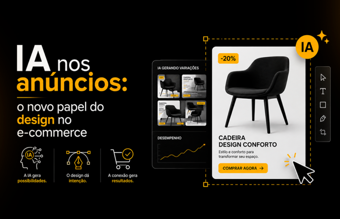 Criativos com IA no e-commerce: imagem mostra anúncio de produto gerado em variações com inteligência artificial e direção de design.