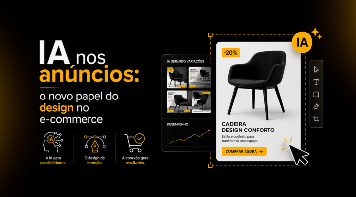 Criativos com IA no e-commerce: imagem mostra anúncio de produto gerado em variações com inteligência artificial e direção de design.