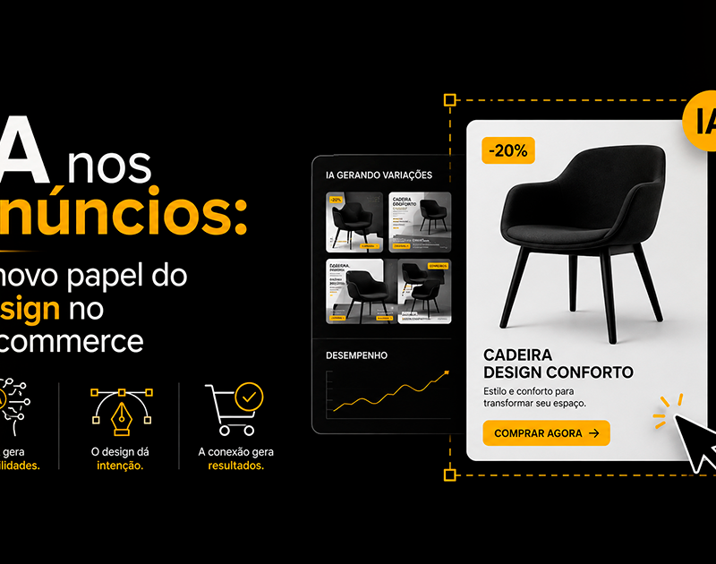 Criativos com IA no e-commerce: imagem mostra anúncio de produto gerado em variações com inteligência artificial e direção de design.