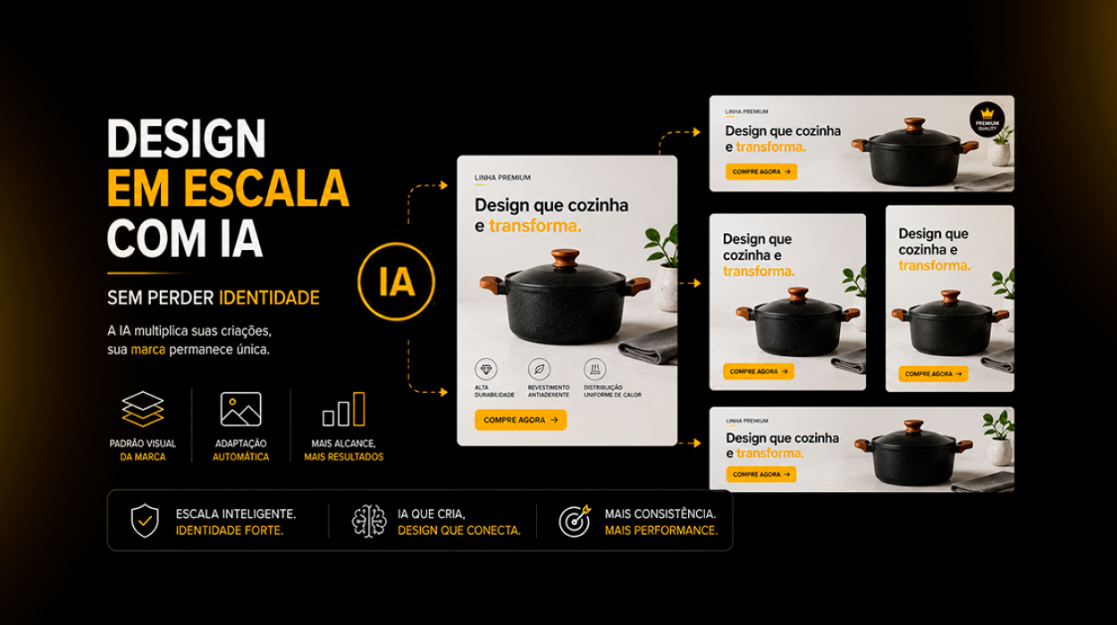 Design em escala com IA no e-commerce, mostrando um mesmo criativo de produto adaptado para diferentes formatos sem perder identidade visual.