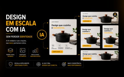 Design em escala com IA no e-commerce, mostrando um mesmo criativo de produto adaptado para diferentes formatos sem perder identidade visual.