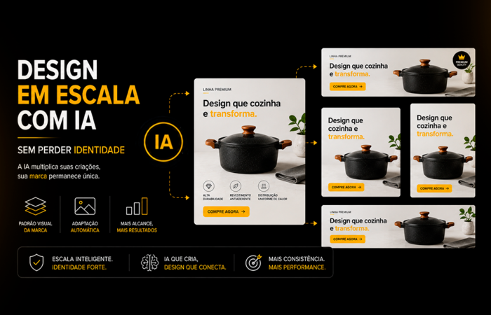 Design em escala com IA no e-commerce, mostrando um mesmo criativo de produto adaptado para diferentes formatos sem perder identidade visual.