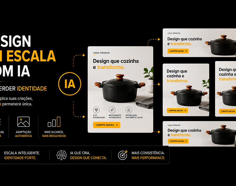 Design em escala com IA no e-commerce, mostrando um mesmo criativo de produto adaptado para diferentes formatos sem perder identidade visual.