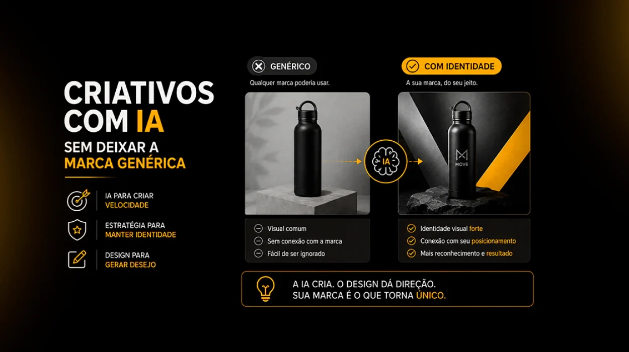 Criativos com IA comparando uma peça genérica com uma peça que preserva a identidade visual da marca.