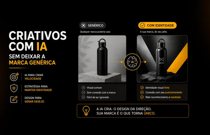 Criativos com IA comparando uma peça genérica com uma peça que preserva a identidade visual da marca.