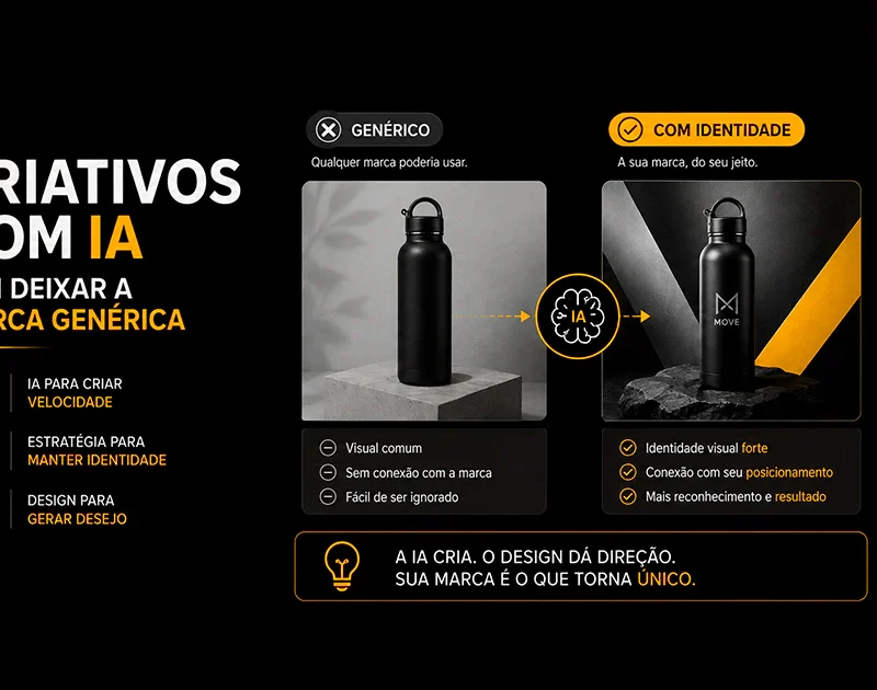 Criativos com IA comparando uma peça genérica com uma peça que preserva a identidade visual da marca.