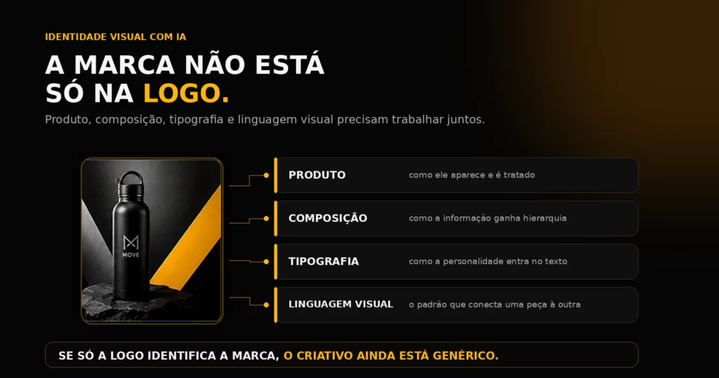 Identidade visual em criativos com IA construída por produto, composição, tipografia e linguagem visual, além da logo.