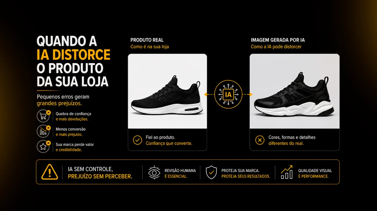 Infográfico mostra como a IA pode distorcer um produto ao gerar imagens ou vídeos.