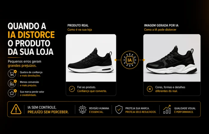 Infográfico mostra como a IA pode distorcer um produto ao gerar imagens ou vídeos.